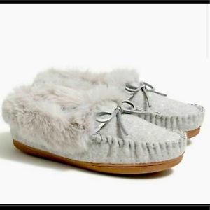 JCREW faux shearling moccasin slippers. Heathered Gray.